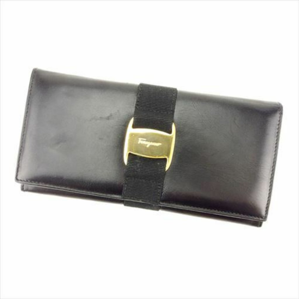Salvatore Ferragamo Wallet Purse Vera Leather Black Woman Authentic Used